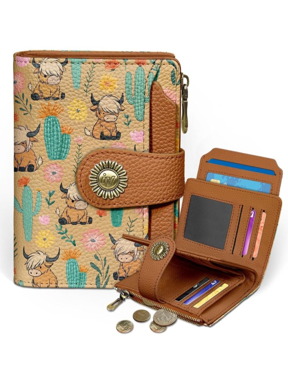 〽️Women Highland Cow PU Leather RFID Blocking Bifold 14 Card Slots Cash Purse